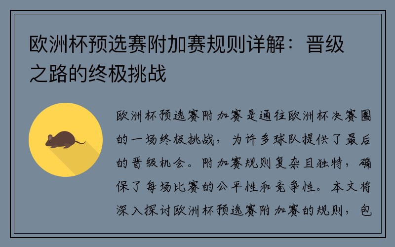 欧洲杯预选赛附加赛规则详解：晋级之路的终极挑战