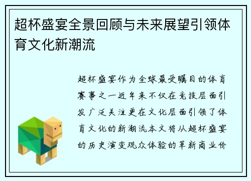超杯盛宴全景回顾与未来展望引领体育文化新潮流
