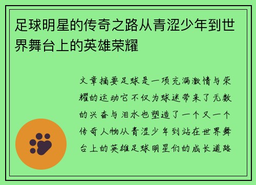 足球明星的传奇之路从青涩少年到世界舞台上的英雄荣耀