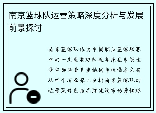 南京篮球队运营策略深度分析与发展前景探讨