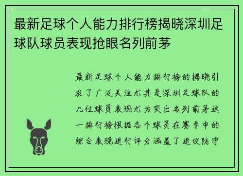 最新足球个人能力排行榜揭晓深圳足球队球员表现抢眼名列前茅